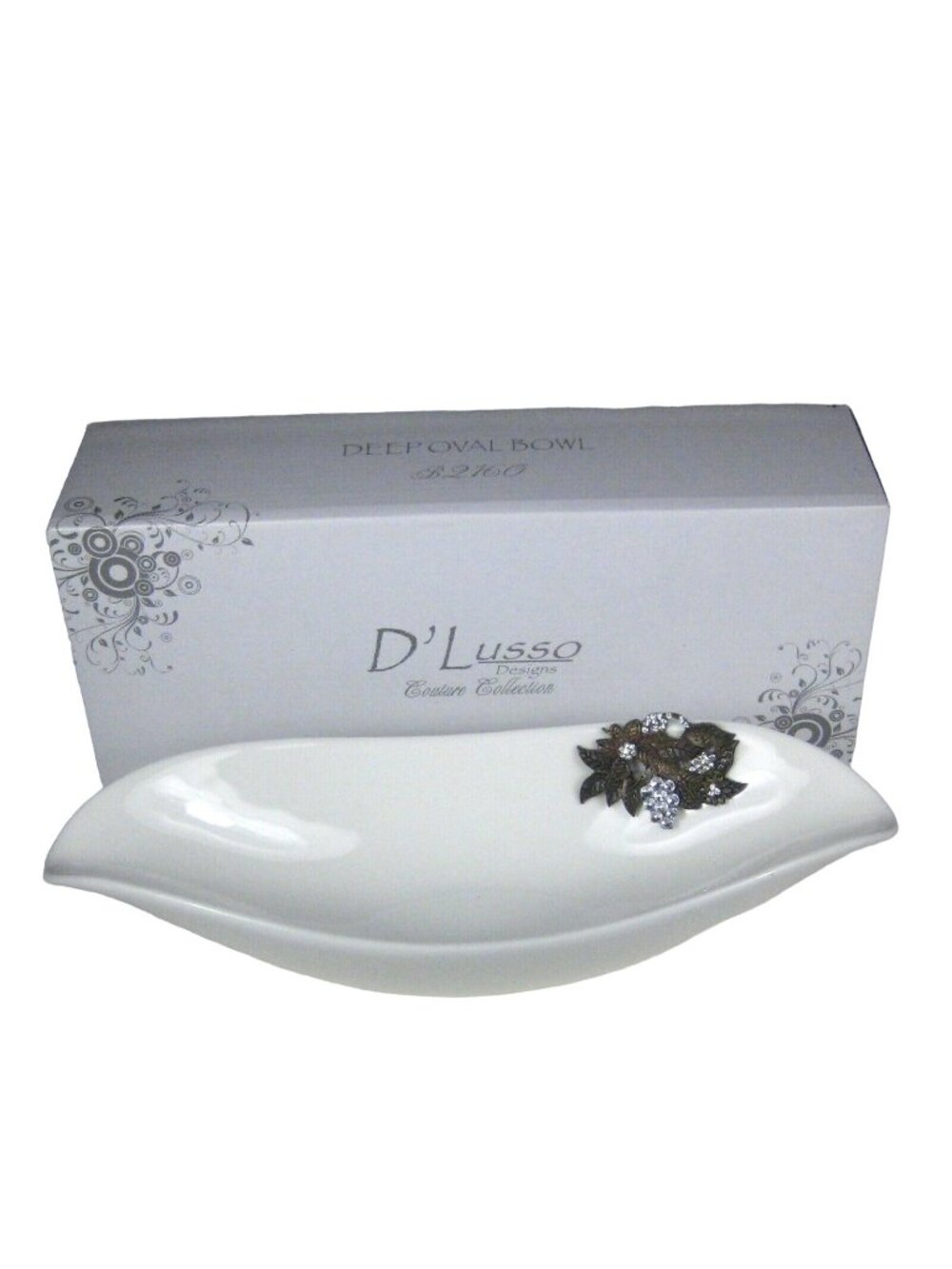 D'Lusso Deep Oval Bowl White Rhinestones B2160 Box Designs Couture 12 Inches
